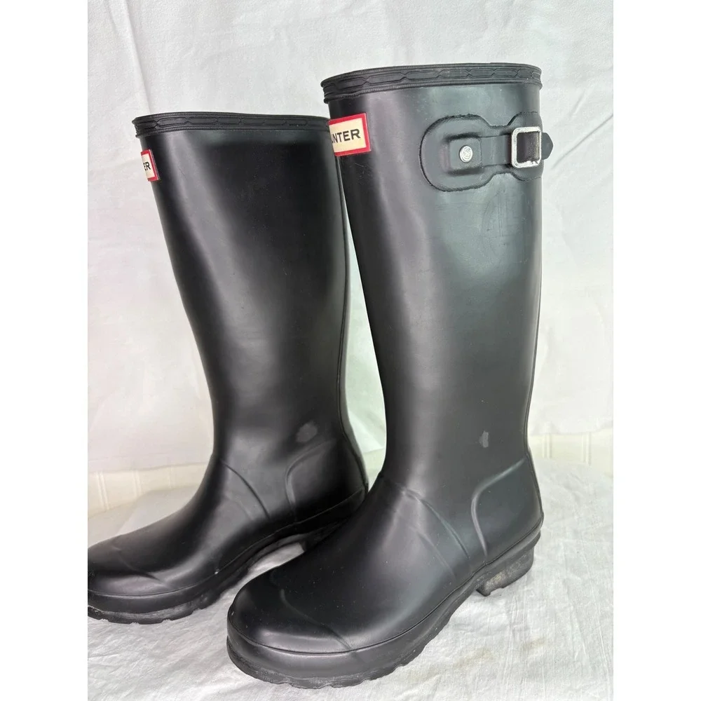 Hunter Women Tall Black Rubber Rain Boots Buckle Detail Side Logo Size 5